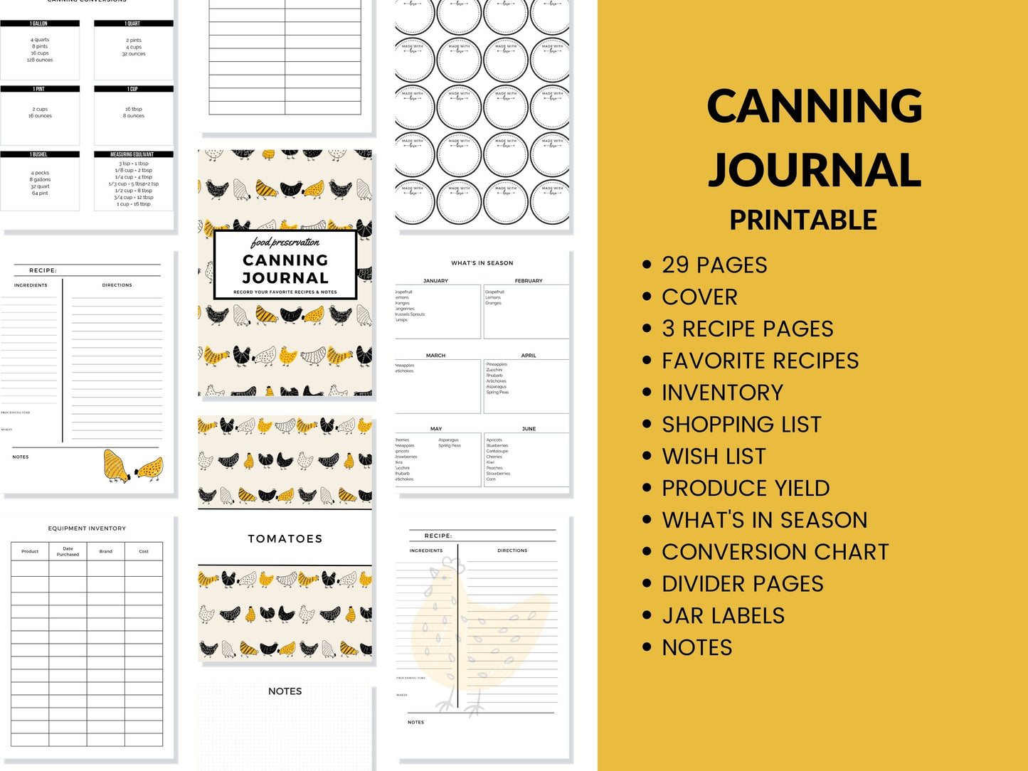 Chickens Canning Log Journal Planner Printable PDF for Homesteaders, Canners 29 Pages Instant Download (Copy)