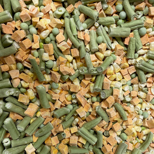 Freeze dried corn, peans, green beans, and carrots.
