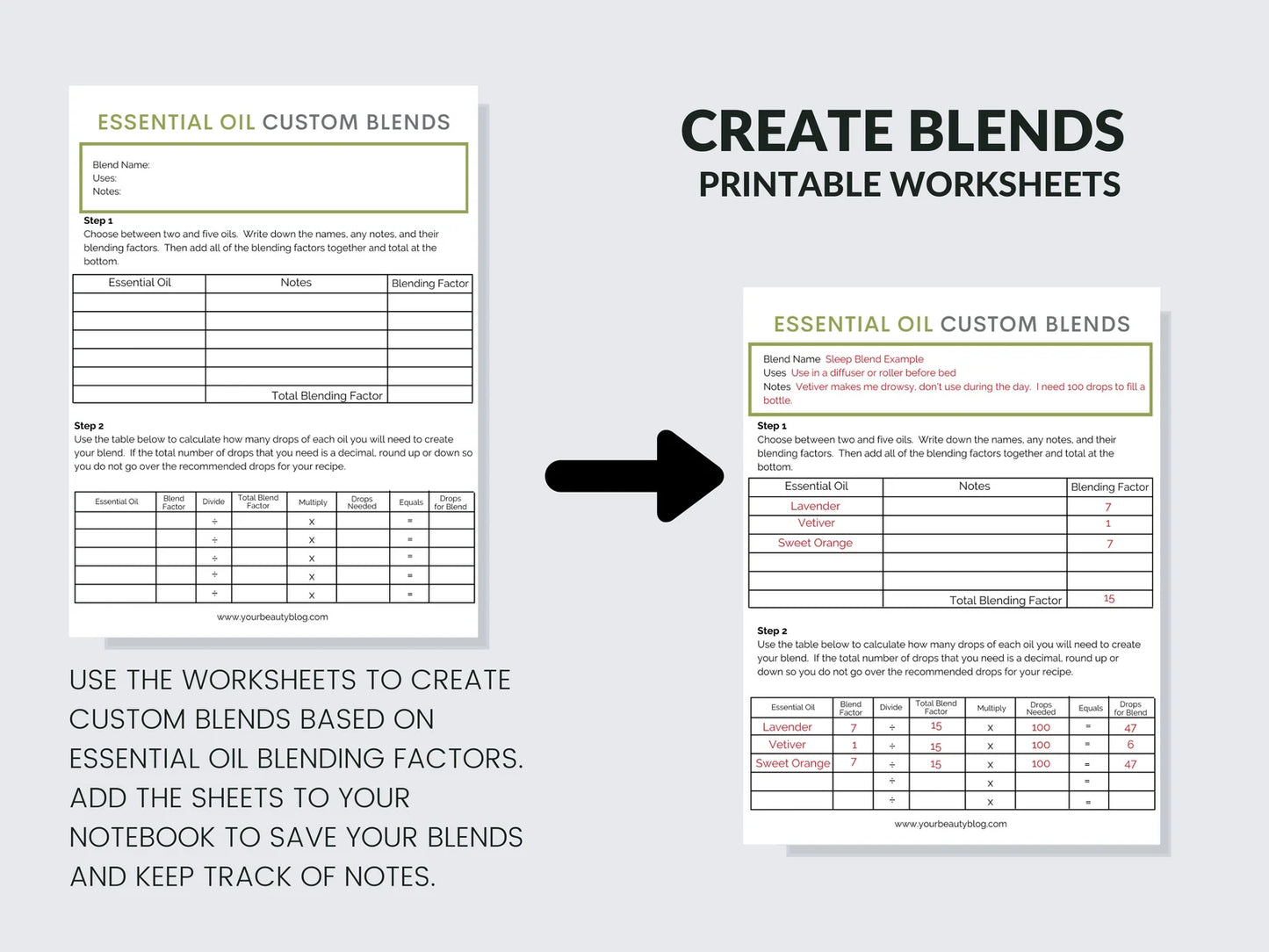 Essential Oil Blending Factor Blend Worksheet Notebook Planner Printable Digital Instant Download 6 Pages PDF 8.5x11