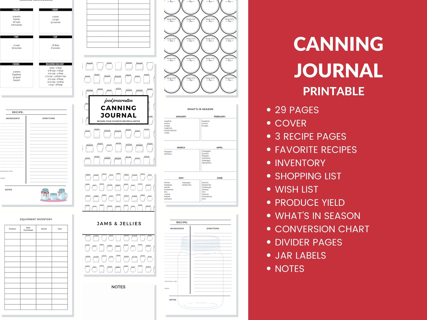 Canning Log Journal Planner Printable PDF for Homesteaders, Canners  29 Pages Instant Download