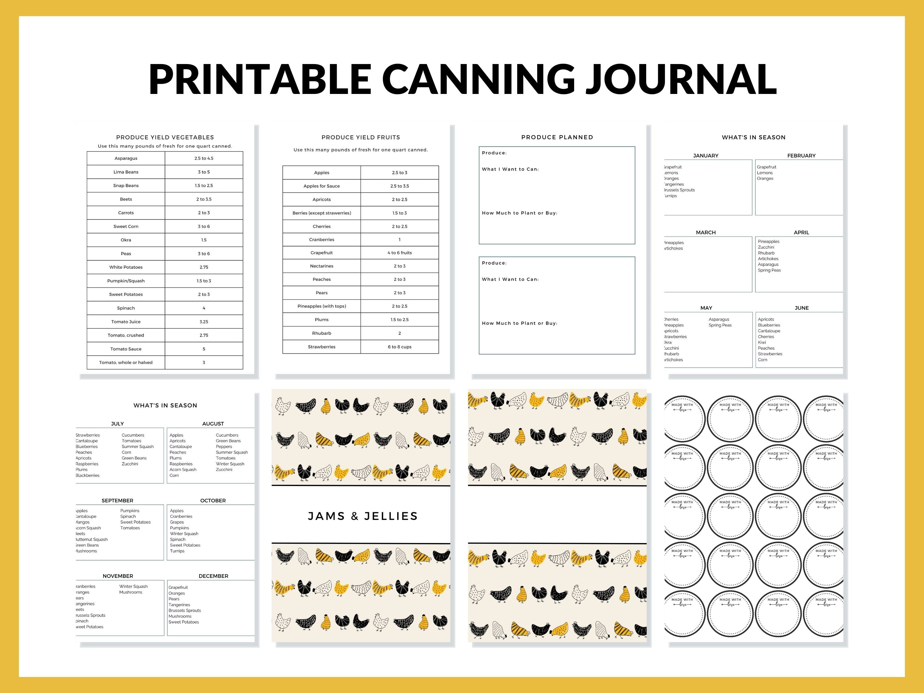 Chickens Canning Log Journal Planner Printable PDF for Homesteaders, Canners  29 Pages Instant Download (Copy)