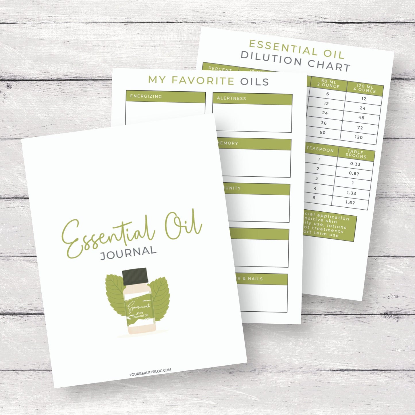 Essential Oil Notebook Binder Journal Printable Digital Instant Download 10 Pages PDF 8.5x11 Green
