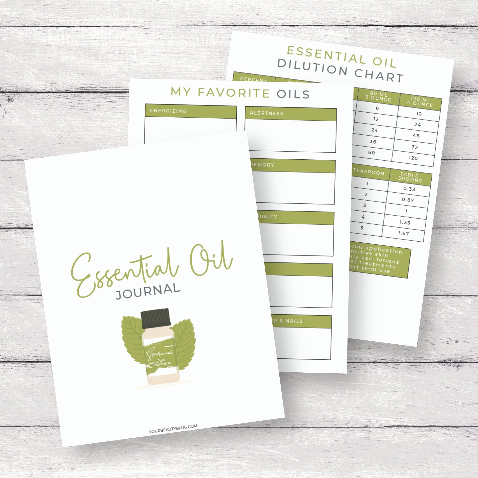 Essential Oil Notebook Binder Journal Printable Digital Instant Download 10 Pages PDF 8.5x11 Green