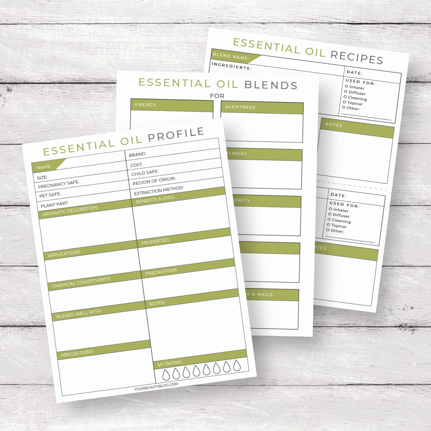 Essential Oil Notebook Binder Journal Printable Digital Instant Download 10 Pages PDF 8.5x11 Green