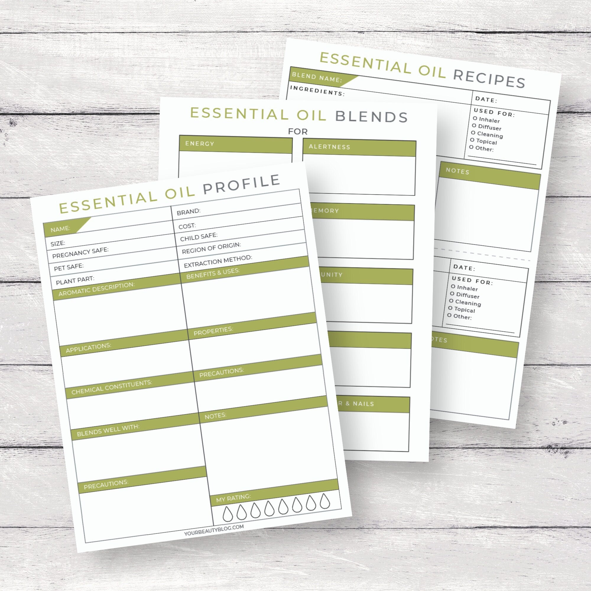 Essential Oil Notebook Binder Journal Printable Digital Instant Download 10 Pages PDF 8.5x11 Green