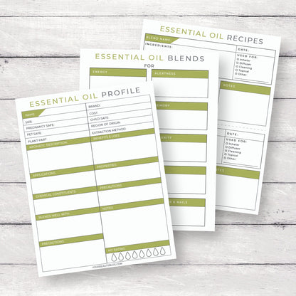 Essential Oil Notebook Binder Journal Printable Digital Instant Download 10 Pages PDF 8.5x11 Green