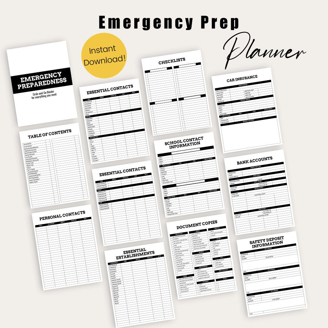 Emergency Preparedness Binder Planner Printable Family Medical, Lists, IDs, Insurance