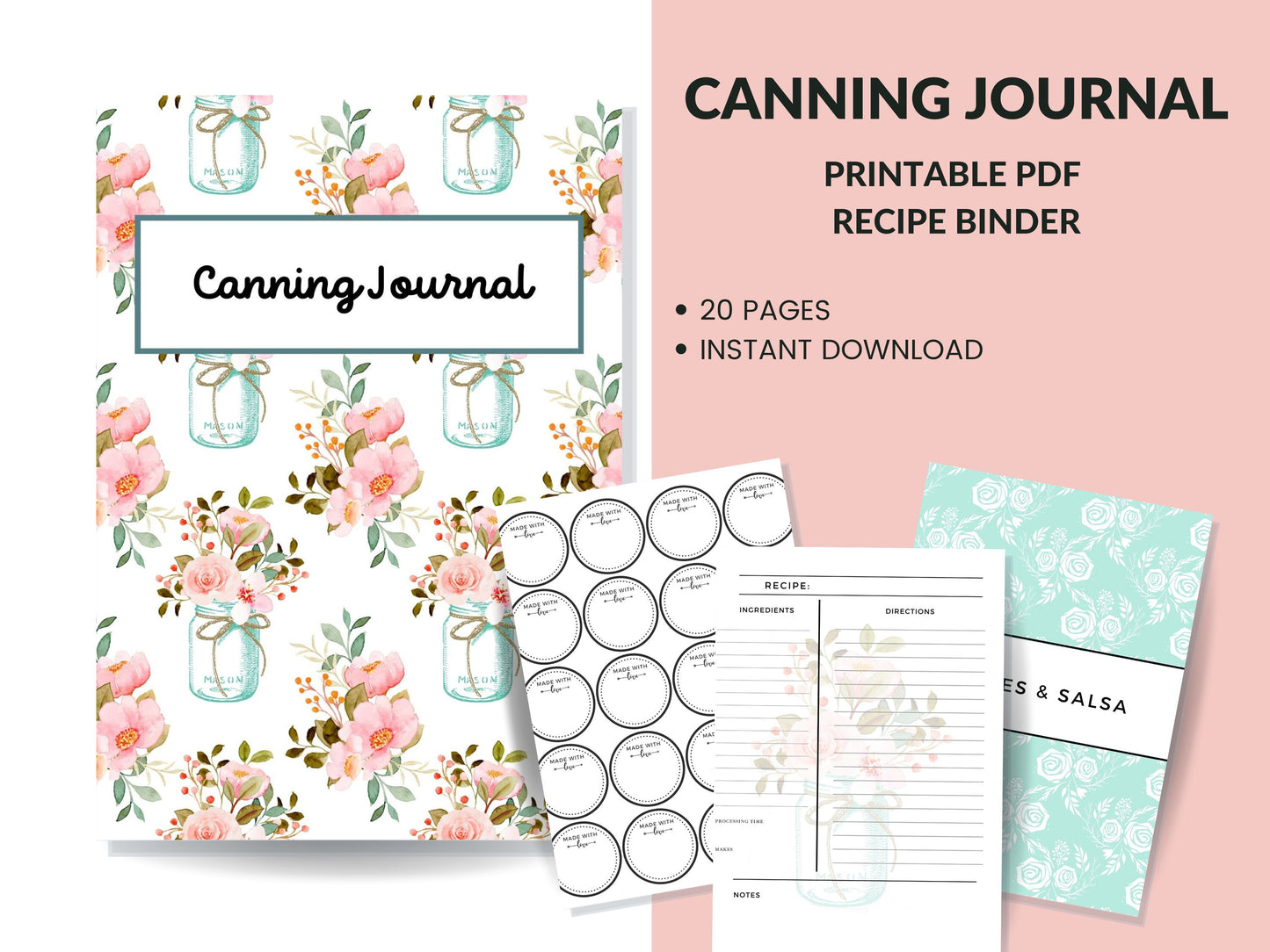 Canning Journal Printable Planner For Homesteaders, Canners 29 Page PDF 8.5x11 Instant Download Mason Jar Theme Homesteading