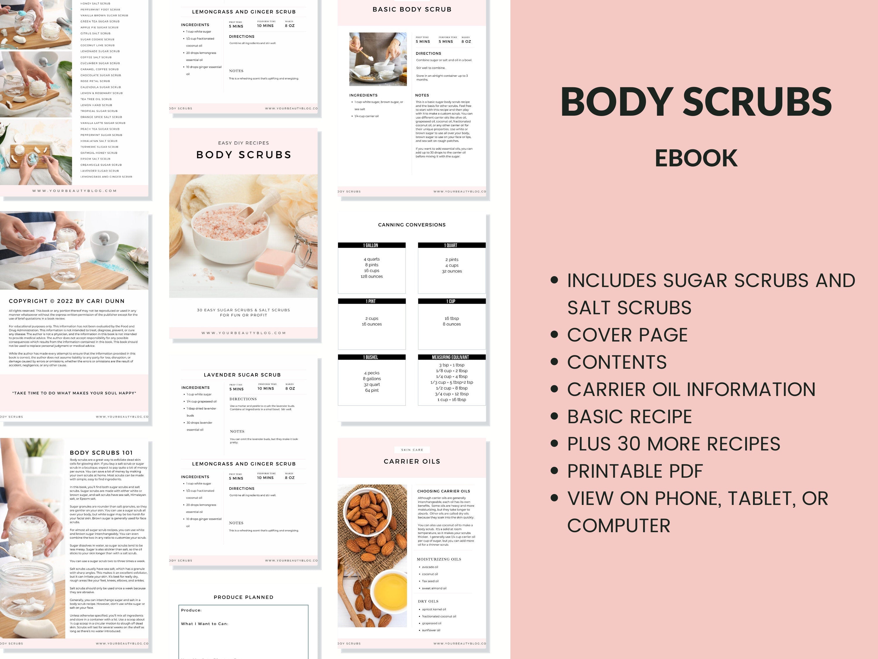 Body Scrubs Printable Recipe Ebook 30 Easy Sugar Scrubs and Salt Scrub Recipes to Make at Home Book