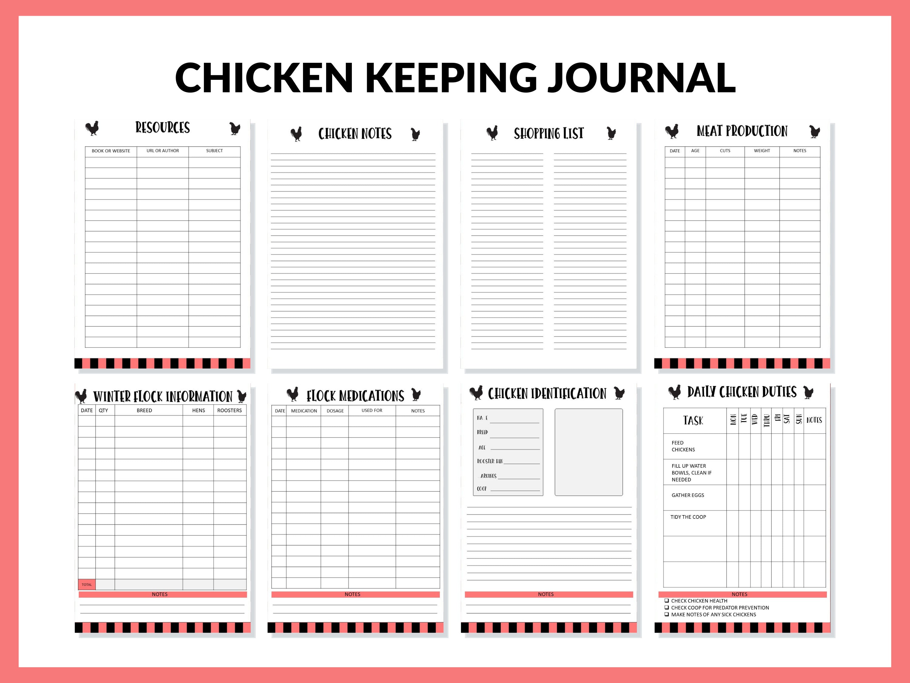 Printable Chicken Record Keeping Journal Backyard Chicken Logbook Chicken Journal PDF Chicken Binder Chicken Egg Tracker Homesteading